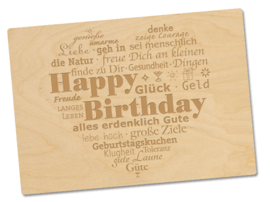 Holzkarte Happy Birthday in verschiedenen Sprachen