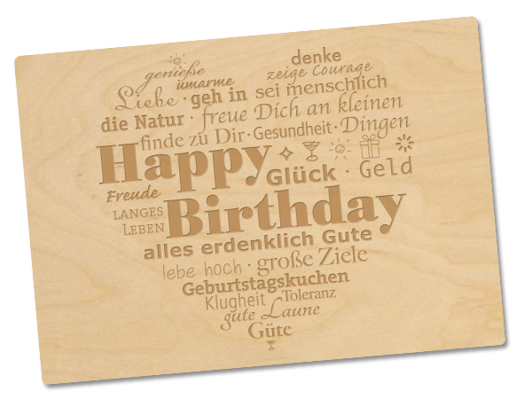 nachhaltige Geschenkidee: Karte aus Holz mit Herz aus positiven Worten und Happy Birthday Schriftzug