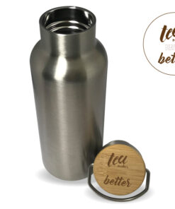 Funktionale und attraktive doppelwandige 500ml Edelstahl Trinkflasche mit einem Bambusdeckel